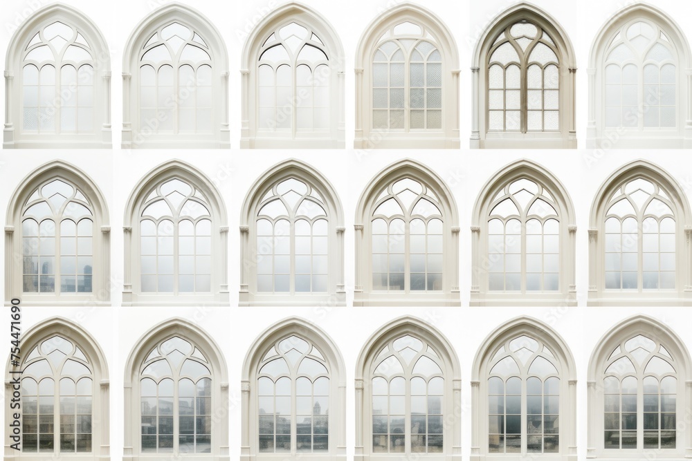 Poster a series of arched windows on a white wall. perfect for architectural design projects