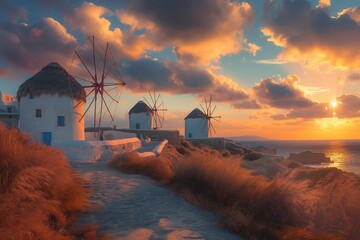 the iconic windmills of Mykonos Greece - obrazy, fototapety, plakaty
