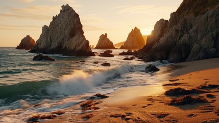 Scenic view of waves hitting rocks on sandy beach. Suitable for travel brochures - obrazy, fototapety, plakaty