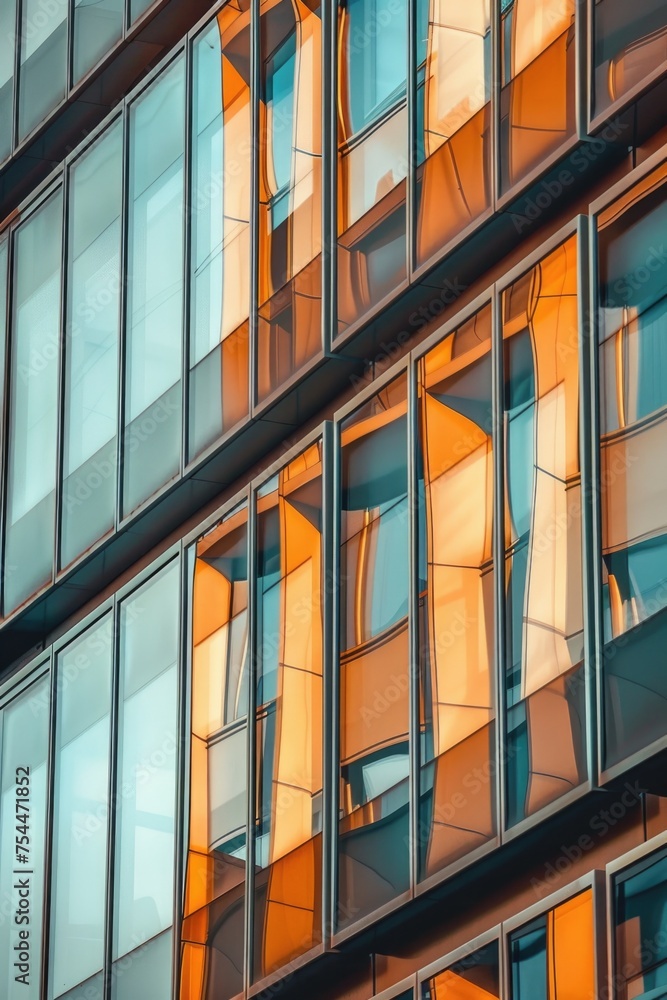 Aufkleber A building with numerous windows reflecting the sky. Ideal for architectural and urban design concepts