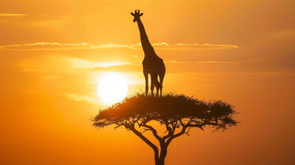  A graceful giraffe reaching for leaves at the top of a tall acacia tree, silhouetted against the setting sun