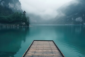 A dock in the middle of a serene lake, with majestic mountains in the background. Perfect for travel and nature concepts