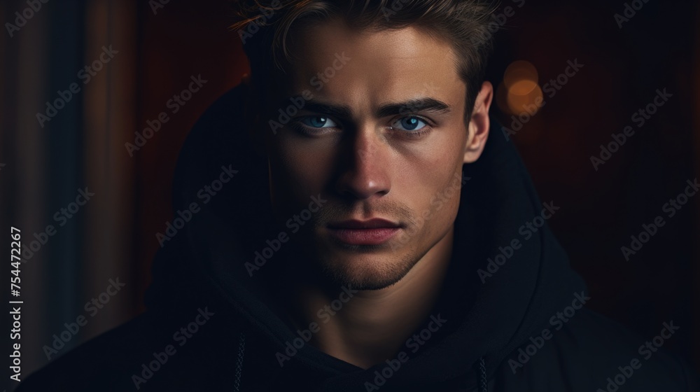 Poster a man in a black hoodie looking directly at the camera. suitable for various concepts