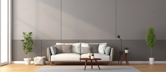 A contemporary living room featuring a white couch, white rug, gray wooden walls with geometric patterns, a wooden floor, loft window, and a gray couch with a coffee table.