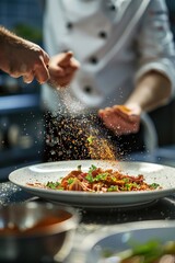 A chef sprinkles seasoning over a plate of food. Perfect for culinary concepts