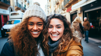 a couple of smiling female friends in their thirties take a selfie outdoors. lesbian couple. LGBTQ+