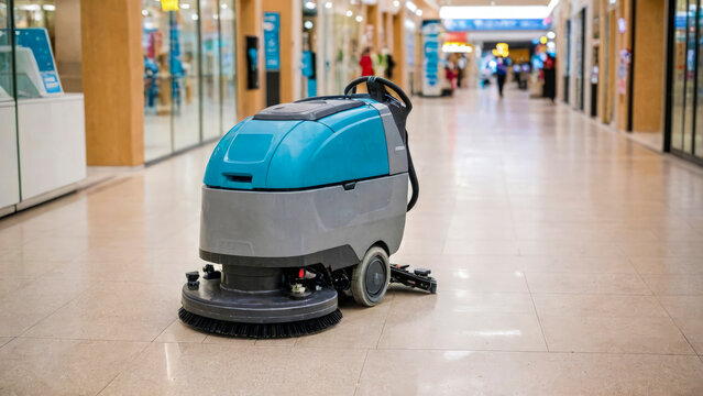 Large industrial scrubber dryer machine on glossy floor of shopping mall with various shops and bright storefronts, deserted. Without worker. On blurry background. Soft diffused lighting. Copy space.