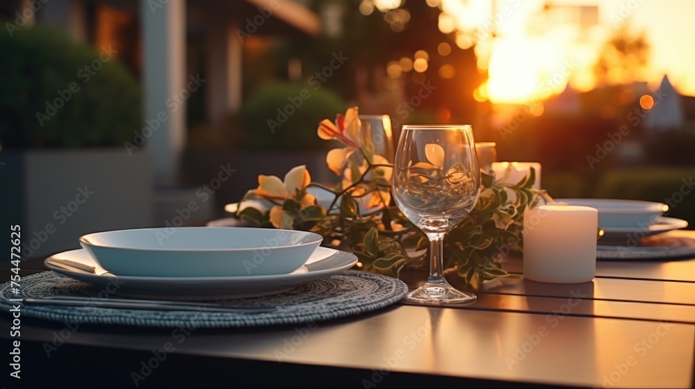 Poster A beautifully arranged table setting with a glowing candle and elegant glassware. Perfect for dining or event concepts