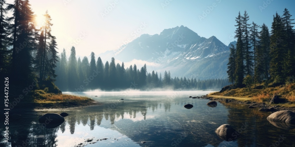 Poster scenic view of a mountain in the distance with a tranquil lake in the foreground. ideal for nature a