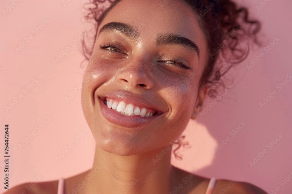 Poster a close-up portrait of a person with a smile. suitable for various concepts