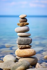 A stack of rocks on a sandy beach. Perfect for nature and relaxation concepts
