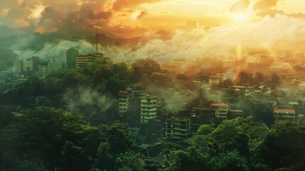 A city with billowing smoke, suitable for environmental themes - obrazy, fototapety, plakaty