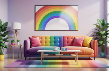 a brightly colored couch in a bright room with a rainbow painted on the wall