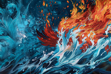 A fusion of fire and water--waves of molten lava crash against cool cerulean currents.