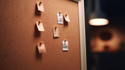 A cork board with various pictures pinned to it. Ideal for office or home decor