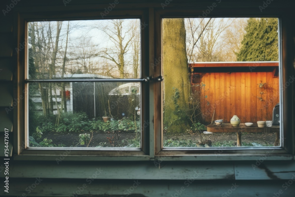 Poster a clear view of a backyard through a window. suitable for home and real estate concepts