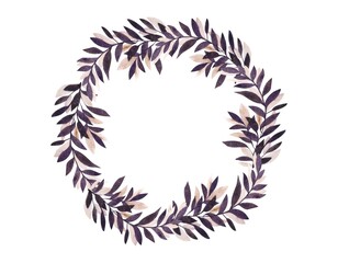 Round frame with purple and golden leaves, leaf pattern, watercolor illustration wreath