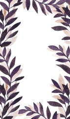Purple leaf frame with gold leaves, watercolor botanical element on a white background, tropical illustration