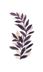 Purple leaf with golden leaves , watercolor botanical element on a white background, tropical illustration