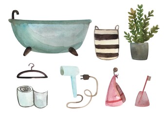A set of bathroom items, indoor flowers, bathroom furniture, hair dryer,towel,sink, faucet, mirror, toilet bowl.Watercolor illustration highlighted on a white background