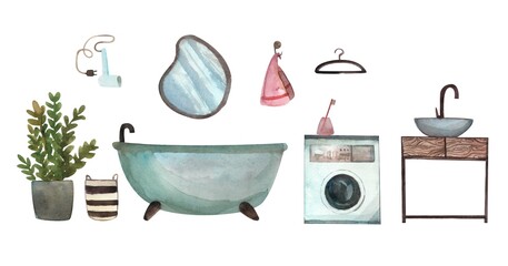A set of bathroom items, indoor flowers, bathroom furniture, hair dryer,towel,sink, faucet, mirror, toilet bowl.Watercolor illustration highlighted on a white background