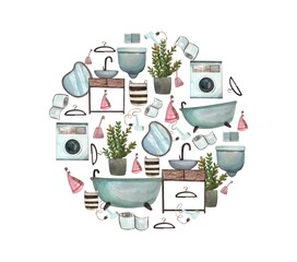 A composition in a circle of bathroom objects, a room, bathroom furniture, sink, faucet, mirror, toilet bowl, toilet bowl.Watercolor illustration highlighted on a white background