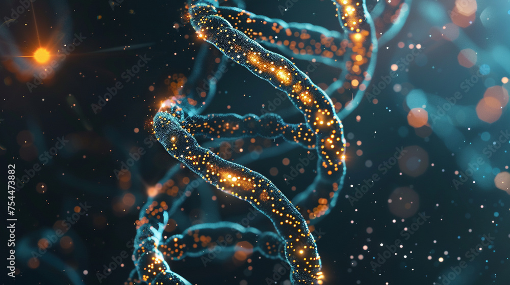 Poster a detailed close-up of a spiraling dna structure with glowing nodes, highlighting genetic complexity