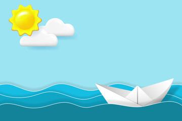 3D paper ship in ocean waves, sun and clouds. Sea landscape with 3D objects