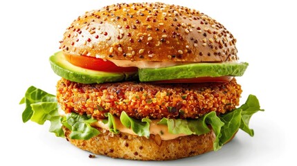 A detailed shot of a gourmet vegan burger, with a quinoa patty, avocado slices, tomato, lettuce, and a whole grain bun. The image is taken from a side angle to emphasize the layers and textures, set a