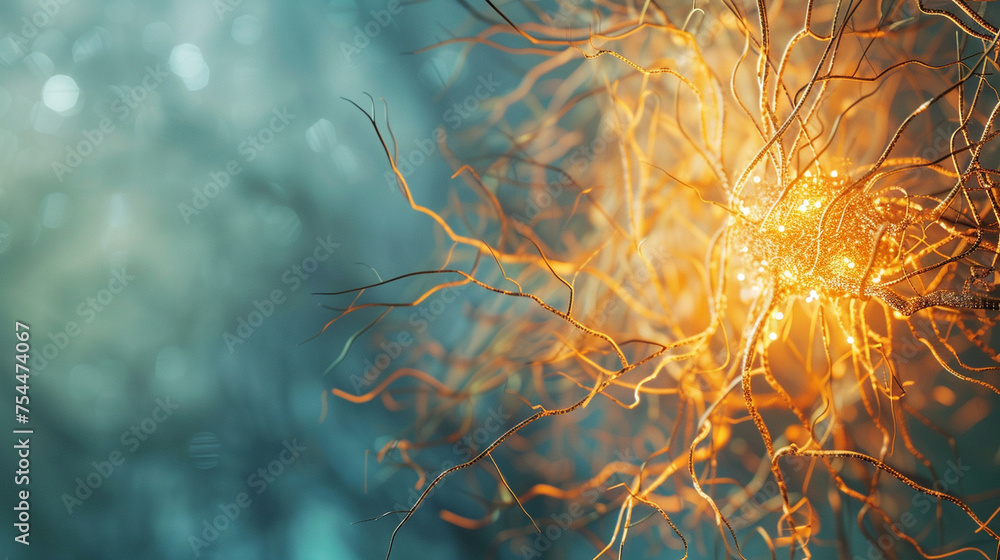 Poster an artistic depiction of a neuron's network, symbolizing the complexity of brain function and geneti