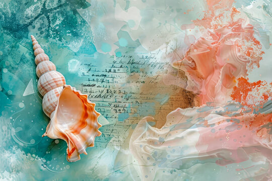 A abstract background with a turquoise and coral splash, a watercolor effect, a nautical code, and a shell