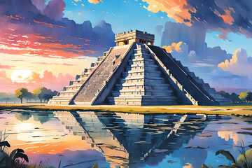 Watercolor painting of a temple at Chichen Itza, Mexico at sunset