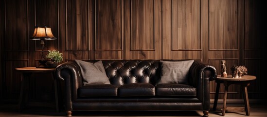 A brown leather couch sits next to a table in a cozy living room. The furniture exudes warmth and comfort, adding a touch of elegance to the space.