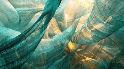 Abstract digital art showcasing ethereal mesh forms with a soft glow, blending turquoise and golden hues.