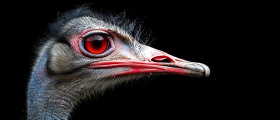  a close up of an ostrich's head with red eyes and a black background with a black background.