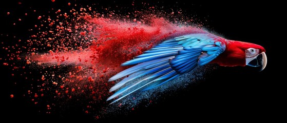  a red and blue bird with its wings spread out and sprinkled with red powder on a black background.