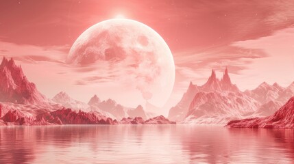 Fantasy alien landscape with a serene lake, red-tinted mountains under a giant moon in a pink sky. - obrazy, fototapety, plakaty