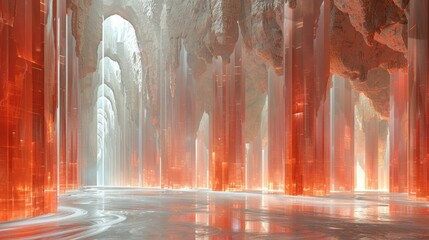 A futuristic vision of a red crystal cave, illuminated by ethereal light beams penetrating the cavern.