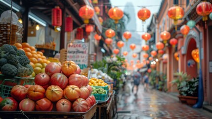 Greengrocers fruit stand with hanging lanterns in narrow street