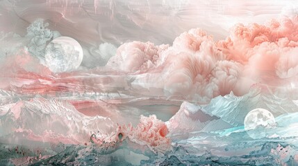 Abstract artistic rendering of a textured mountain landscape amidst a dreamy cloudscape with celestial moons.