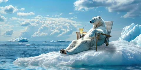 Fotobehang Anthropomorphic polar bear relaxes on iceberg in the middle of cold ocean with cocktail. Atmosphere of relaxation and chill relaxed mood. Travel and Vacation concept © Valeriia