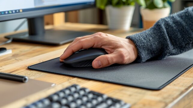 Hand reaching for a sleek, modern computer mouse on a clutter-free desk, embodying productivity and efficiency in a minimalist workspace.