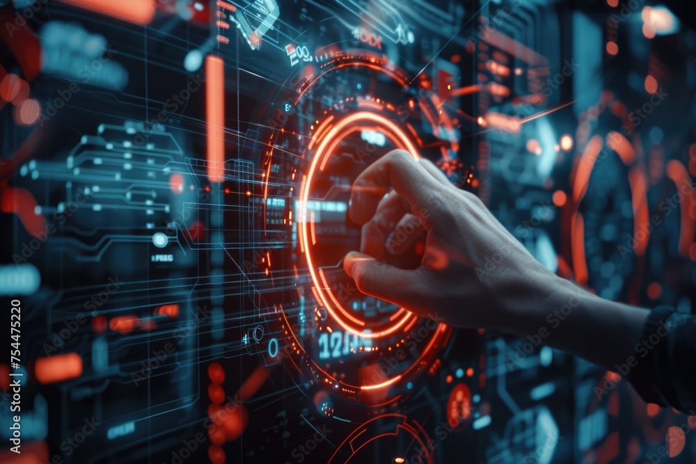 Poster A person pressing a button on a computer screen. Can be used for technology concepts