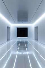 A white room with a black square in the center, surrounded by white neon lights.