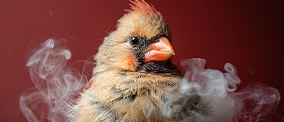  a close up of a bird with smoke coming out of it's beak and a red wall in the background.