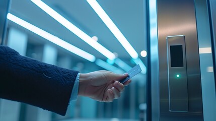Hand holding a key card with access to secure facilities. Modern security concept.