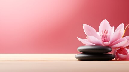 Zen stones, velvet sand and lotus flower on pink background witn copy space, wellness and harmony, massage and bodycare, spa and wellness concept