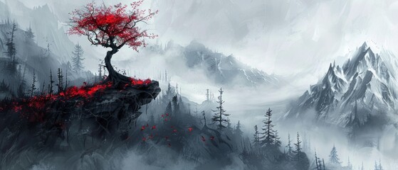  a painting of a tree on top of a mountain with a red tree growing out of the top of it.