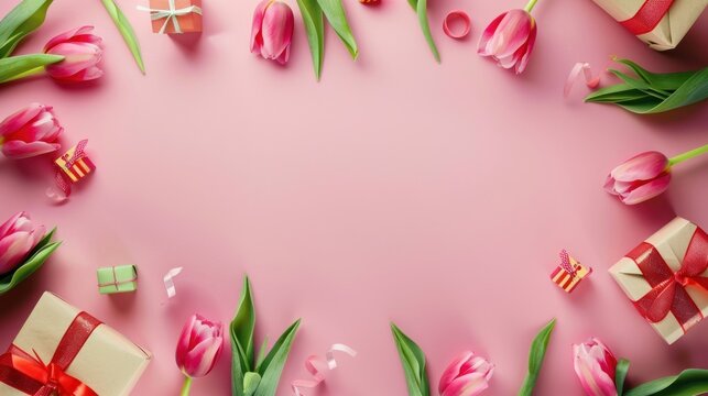 A beautiful ornament tulips and petals scattered on a pink background