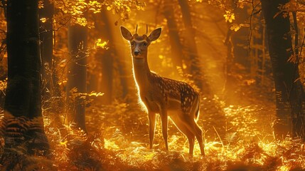 Enchanting forest landscape wallpaper featuring a graceful deer silhouette amidst towering trees. Serene nature backdrop.